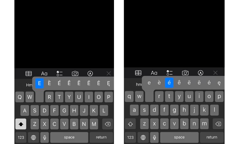 Long press e to insert accent on iPhone/iPad