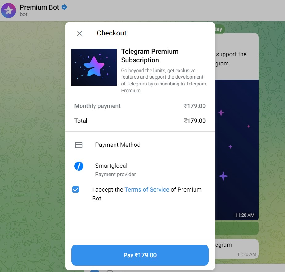 Click Pay to buy Telegram Premium
