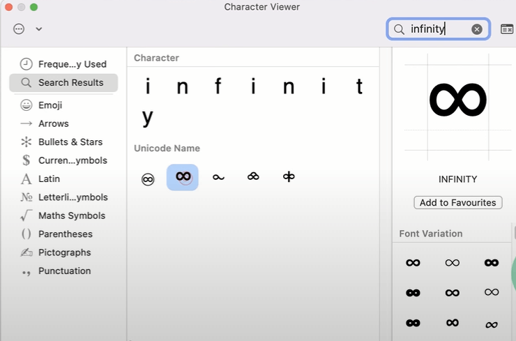 Type Infinity Symbol on Mac Using Character Viewer