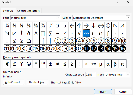 Type Infinity Symbols on Microsoft Word Document Using Insert Menu