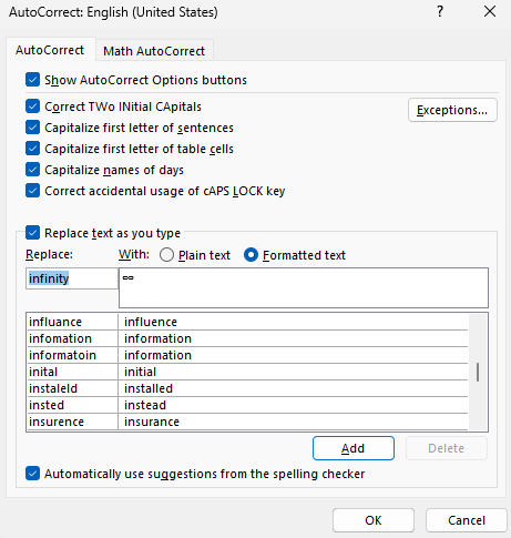 Type Infinity Symbols on Microsoft Word Document Using AutoCorrect Option