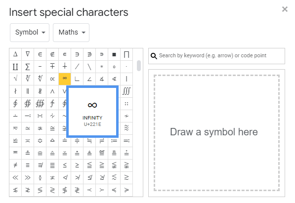 Type Infinity Symbols on Google Docs