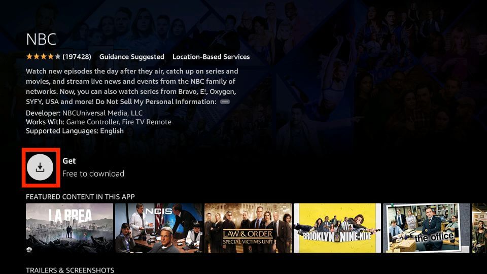 Tap Get button to Install NBC on Firestick