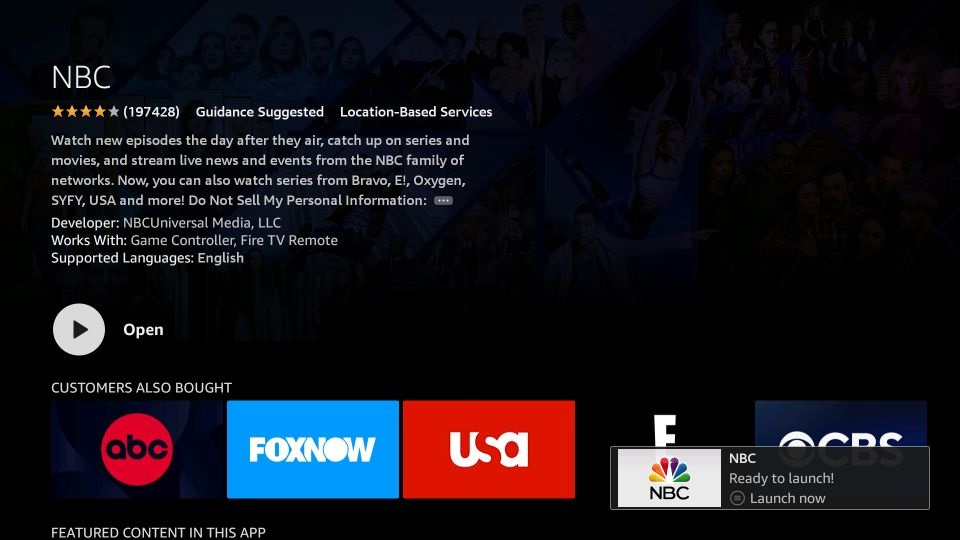 tap Open to launch the NBC app on your Firestick.