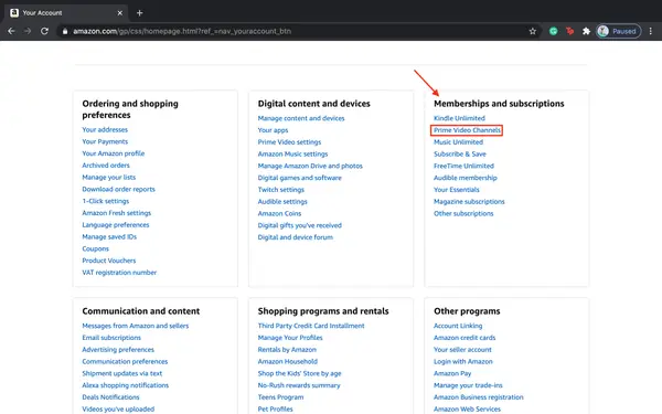 Select Prime Video Channels under the Memberships and subscriptions