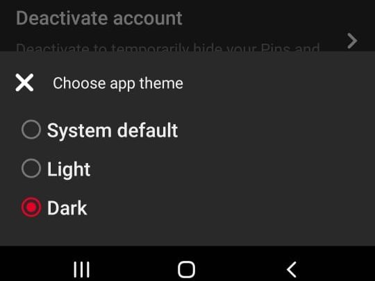 Dark mode on Pinterest