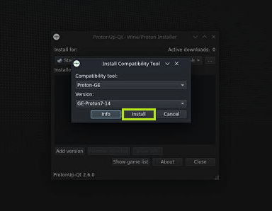Once you find the corret version of Proton GE, hit the Install button. 