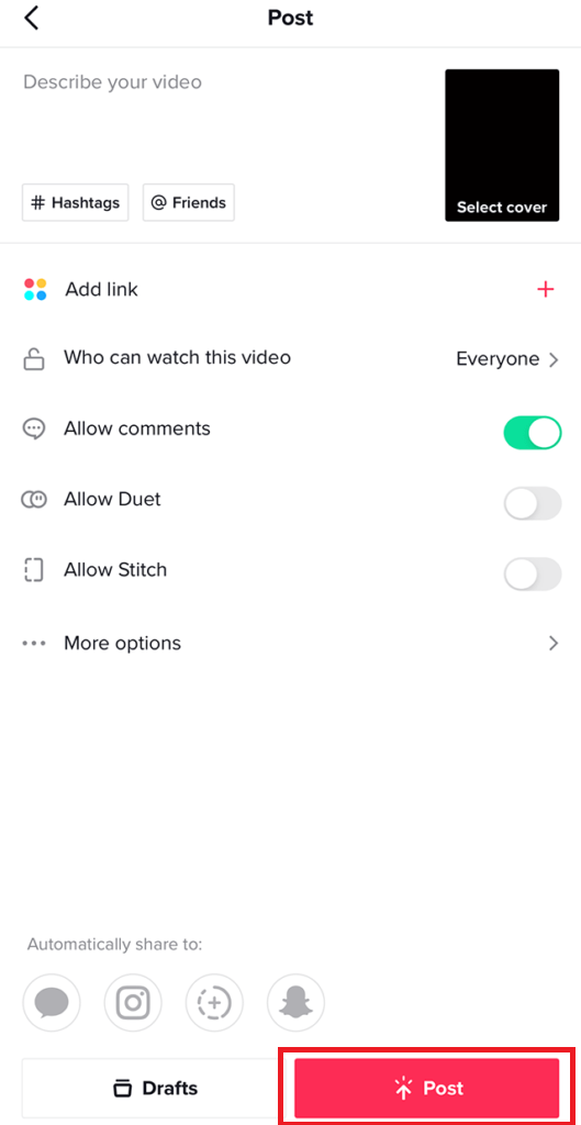 tap Post button to send Sad Face Filter on TikTok