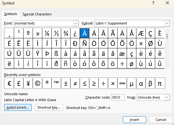 Type A with Accent Using AutoCorrect Option