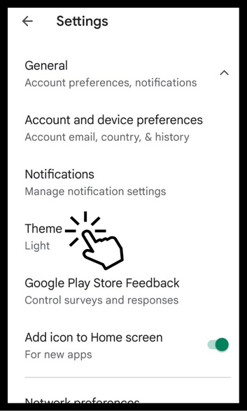 Select Theme to enable dark mode on Google Play Store