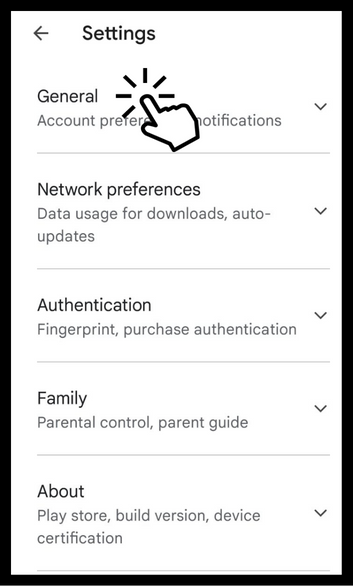 Choose General to enable dark mode on Google Play Store