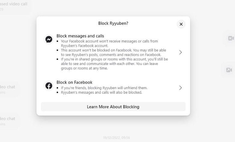 Choose Block Messages and Calls/Block on Facebook