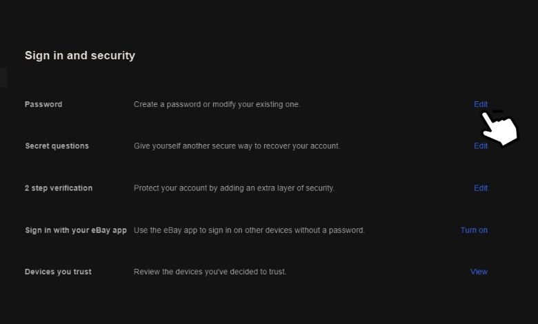 Click Edit  to Change eBay password