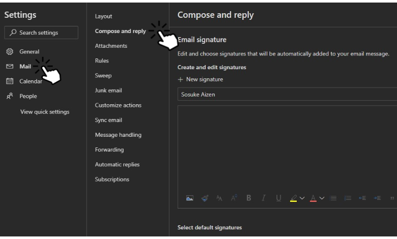 Click Compose and reply to change signature on Outlook