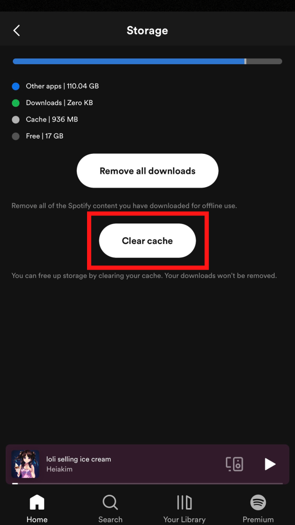 Click Clear Cache o Spotify app
