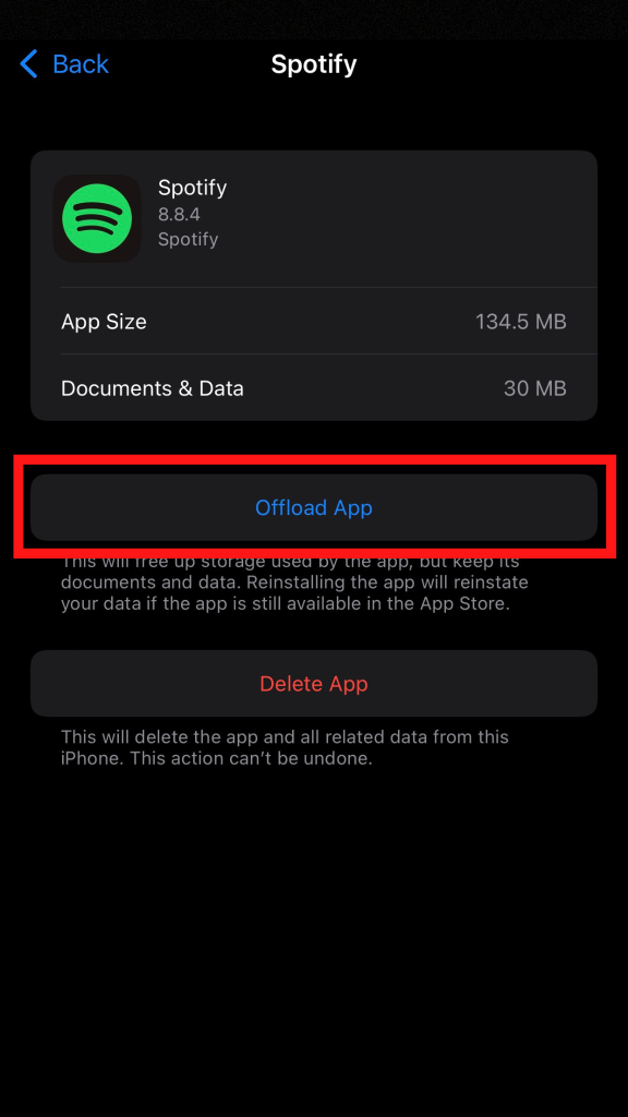 Click Offload app to clear Spotify cache