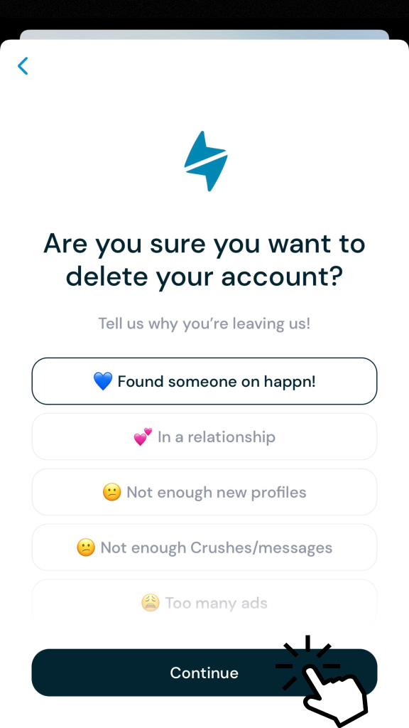 Click Continue to delete Happn account