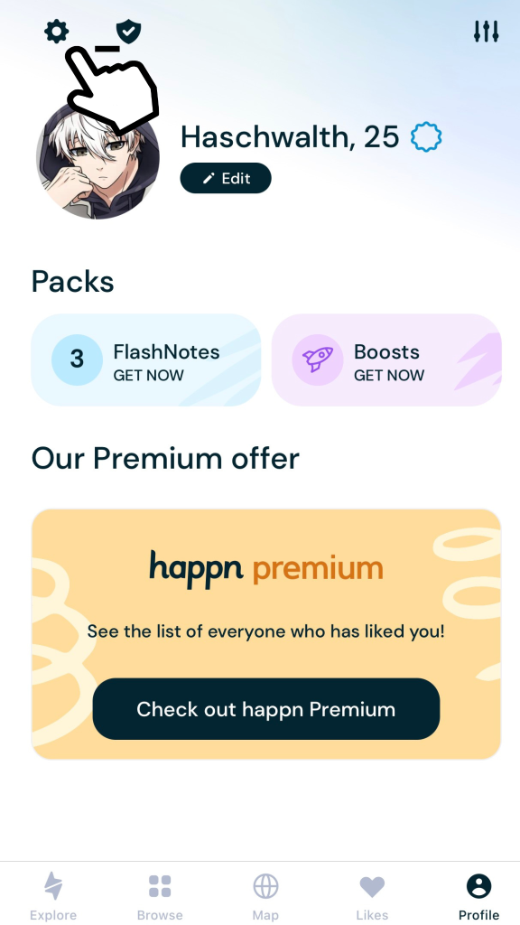 Select Settings at top right to delete your Happn account