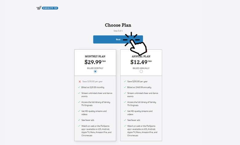 Choose the Monthly plan for Varsity TV