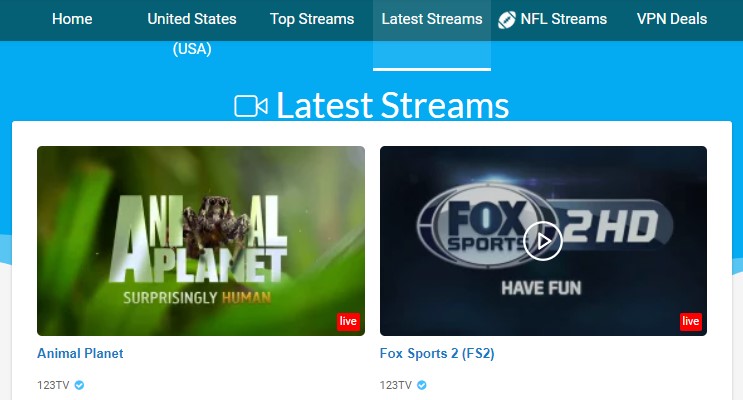 Latest Streams category on 123TV