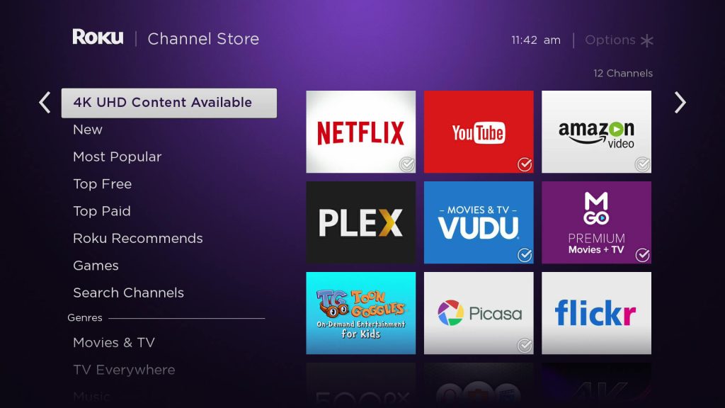 4K UHD Content Available Option on Roku