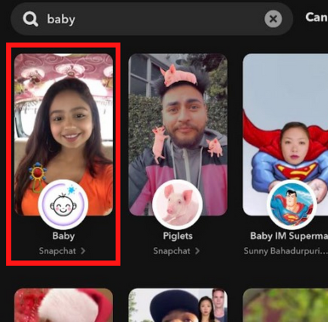 Search for baby filter on Snapchat