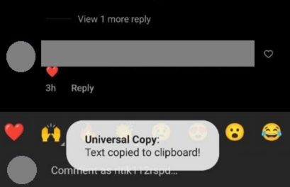 Instagram comments copied to the Universal Copy App