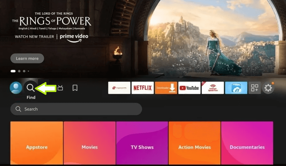 Click on Find and select Search from the Firestick home page