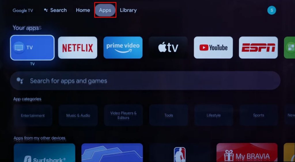 Apps section on Google TV