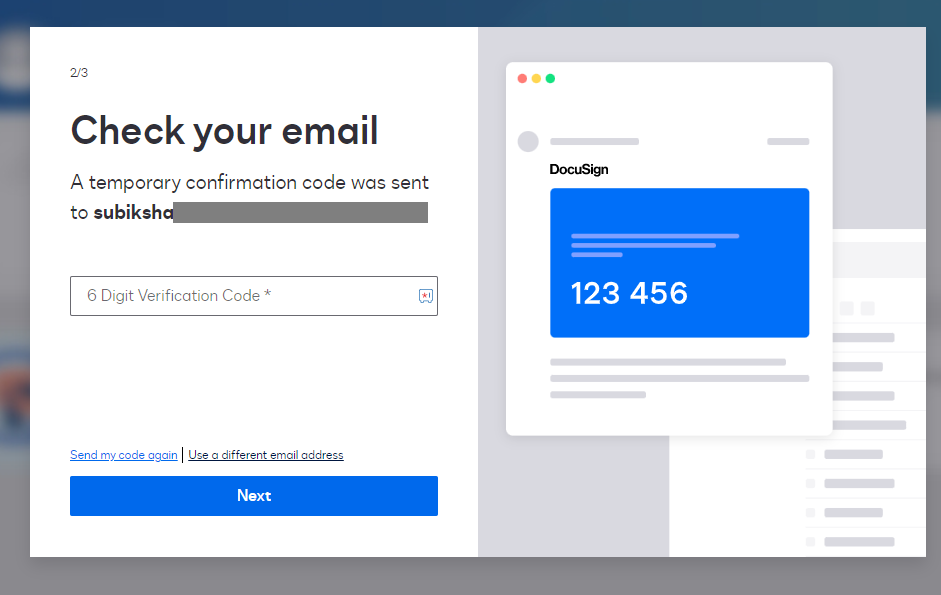 Enter the verification code to get the DocuSign free trial