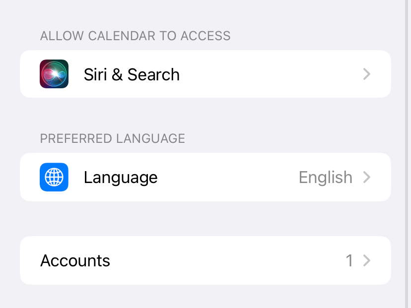 Calendar option on iPhone settings