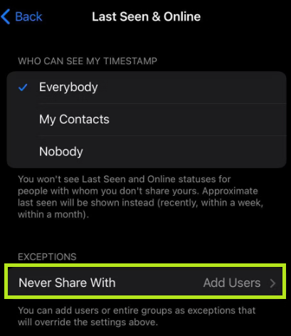 Select Add Users under the Exceptions option