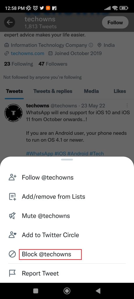 Blocking profile on Twitter mobile app