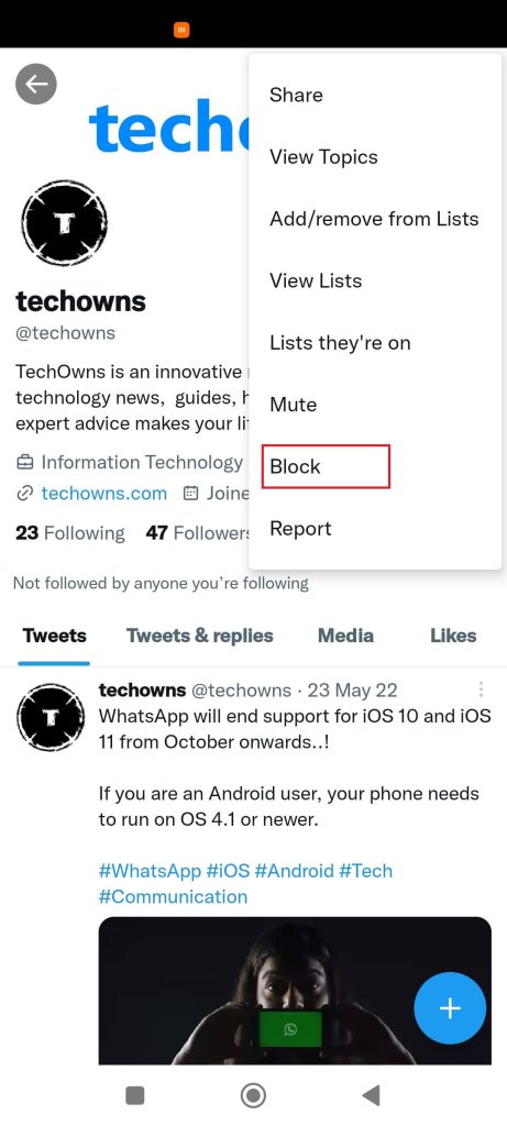 Blocking profile on Twitter mobile