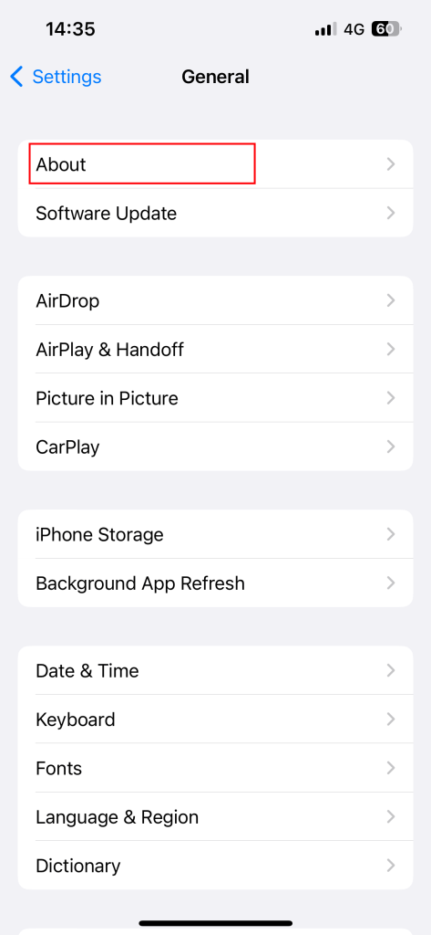 Choose the About option on iPhone