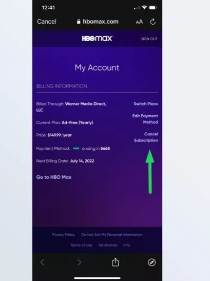 Tap on Cancel subscription to cancel HBO max 