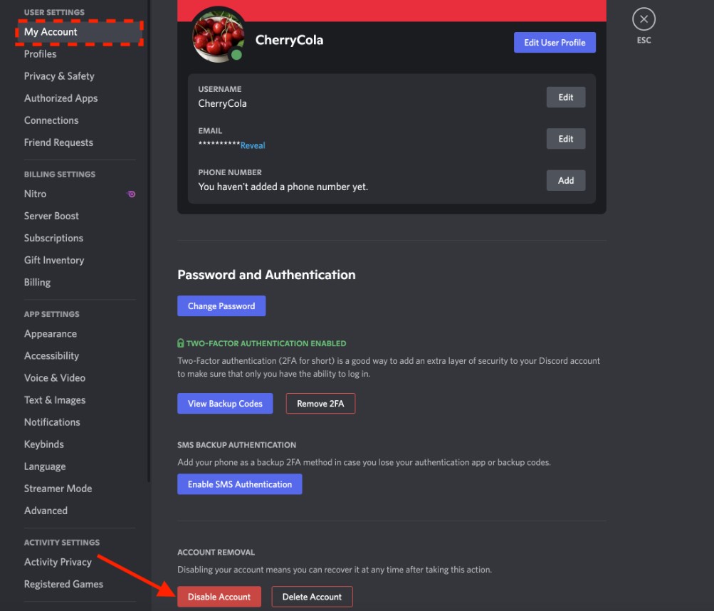 Disable Discord Account