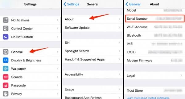 Get Serial Number of iPhone from the Settings menu