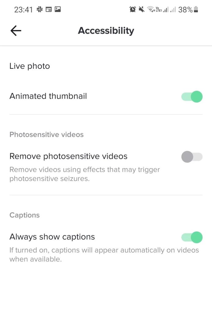 Turn on Always show captions toggle on the TikTok app