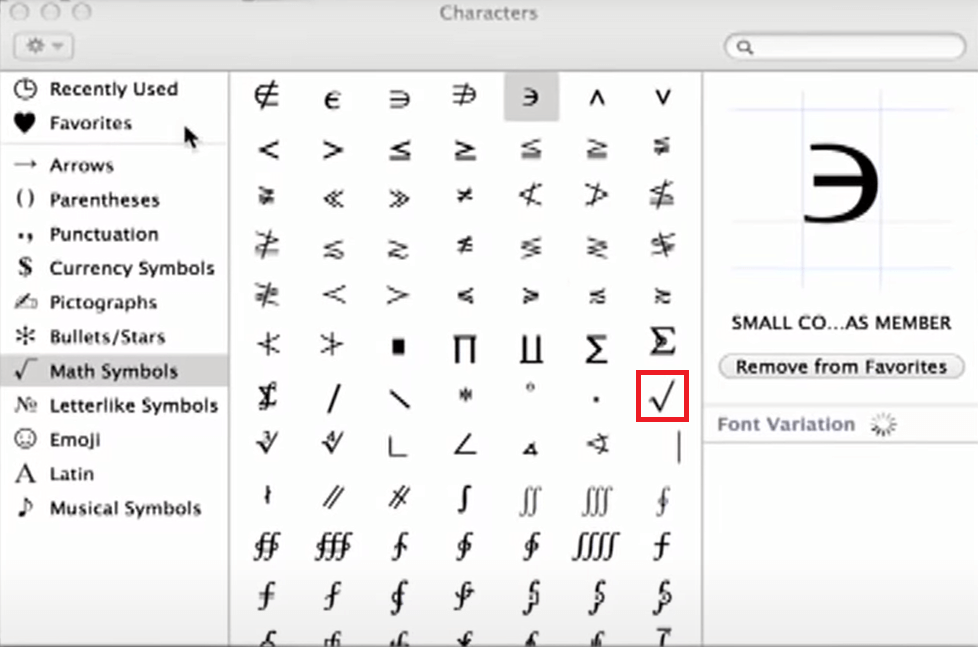 Insert Square Root Symbol Using Character Viewer