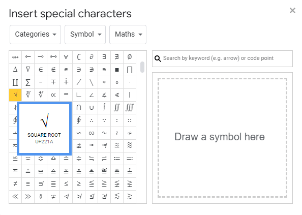 Insert Square Root Symbols on Google Docs