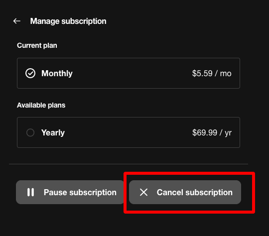 Select the Cancel Subscription button