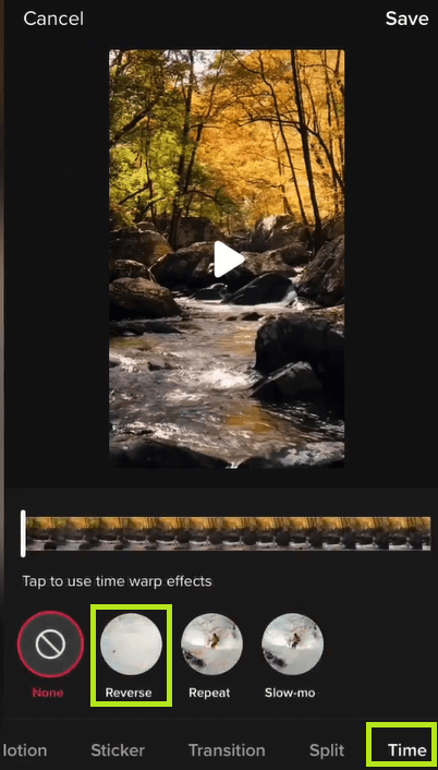Choose Time and Click on Reverse to Reverse a Video on TikTok