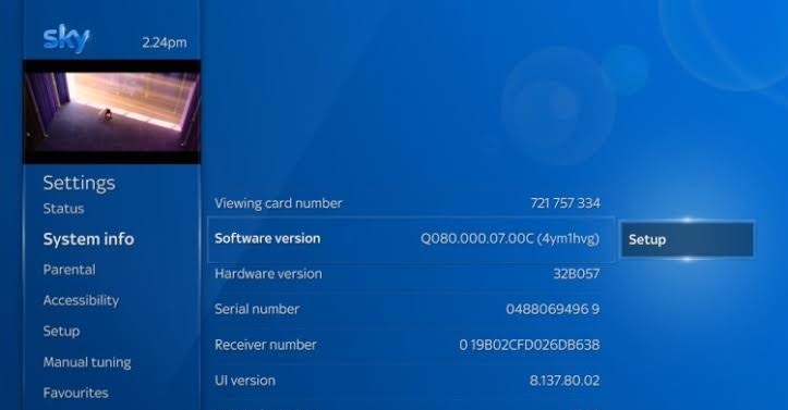 Select the Setup option to Update your Sky Q Box