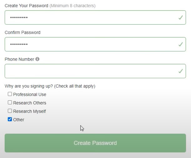Enter the password, phone number and click Create Password