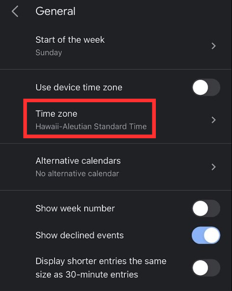 Click Time Zone to change time zone in Google calendar