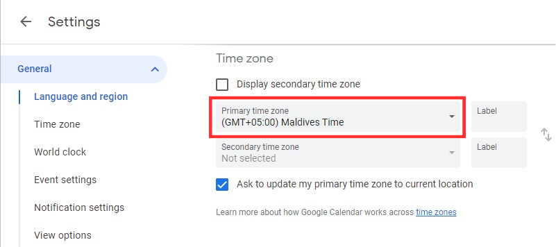Choose your time zone in Google calendar