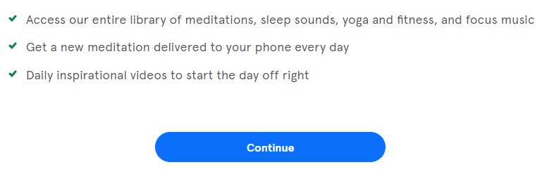 Click Continue to get Headspace free trial
