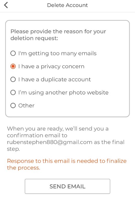 Choose the reason and click SEND EMAIL
