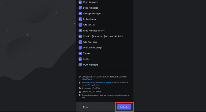 Tap Authorize  to make reaction roles on Discord